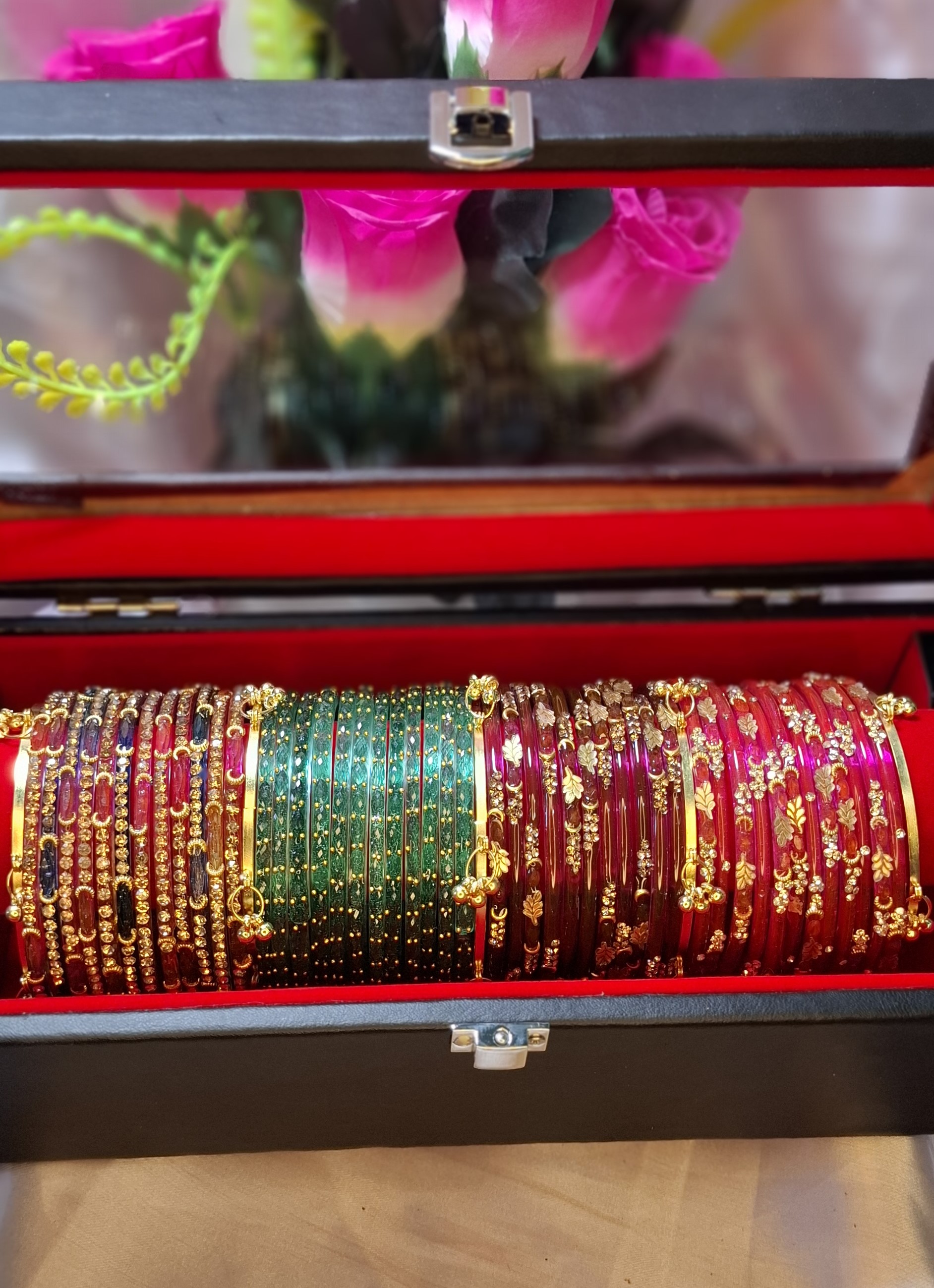 ✨ [Free Delivery] 4-Color Kashmiri Raindrop Glass Bangles Combo Set - 4 Dozen with 4 Pcs Ghungroo 🚚