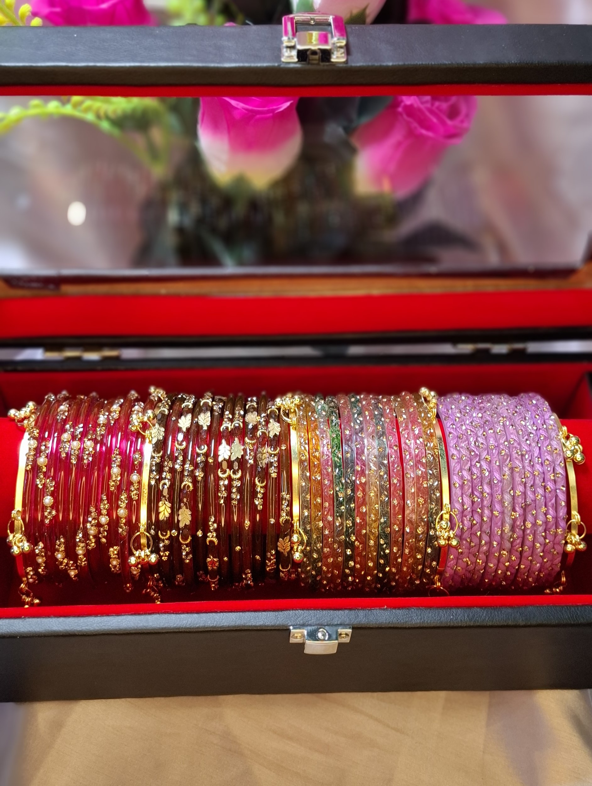 🚚 [Free Delivery Whole Bangladesh] 4 Dozen Kashmiri Raindrop Glass Bangles Combo Set with 4 Pcs Ghungroo ✨