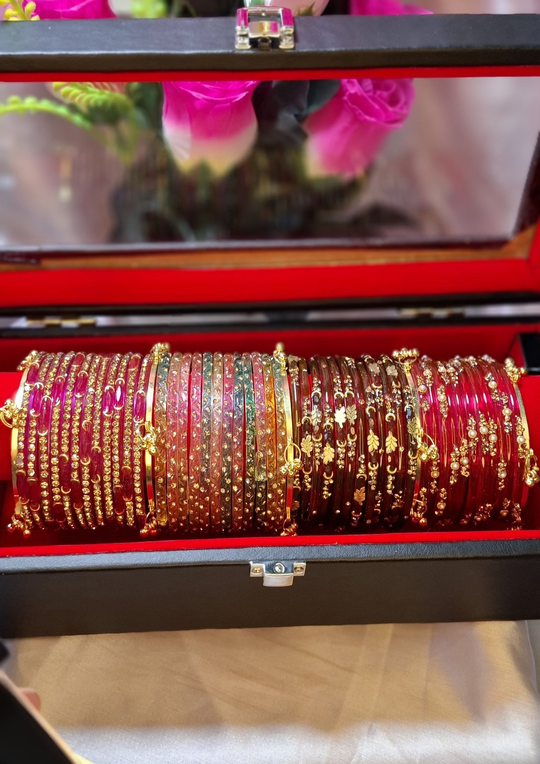 ✨ [Free Delivery Whole Bangladesh] 4 Dozen Kashmiri Raindrop Glass Bangles Combo Set with 4 Pcs Ghungroo ✨